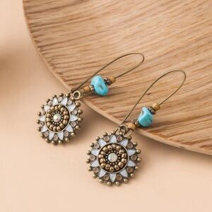 Alloy Circle With Brown & Blue- Bronze Bohemian Gypsy  Floral Dangle Earrings